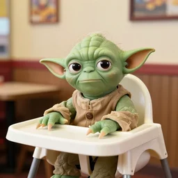 yoda sitting in a high chair at a table at waffle house, annoyed, 3 5 mm, f / 2. 8