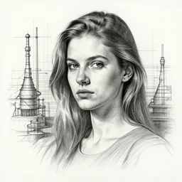a beautiful hyper realistic portrait, pencil sketch from a picture of a French nubile with stoic attitude by Peter Mohrbacher industrial design blueprint, intricate details, ink on paper
