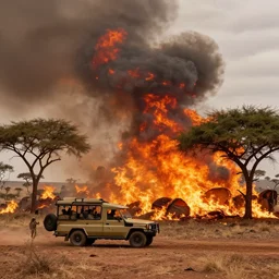 A safari tour in hell, fire and brimstone, demons, Nature Magazine, wide shot