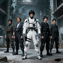 cyborg with white and black ancestral ornate japanese tactical gear standing in a abandoned futuristic factory, long shot, by irving penn and storm thorgerson, ren heng, peter elson, alvar aalto, makoto shinkai