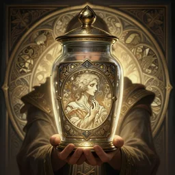 man holding he's soul in a jar portrait, backlight, rim lighting, deep focus, d & d, fantasy, intricate, elegant, highly detailed, digital painting, artstation, concept art, matte, centered, sharp focus, illustration, hearthstone, art by artgerm, greg rutkowski and alphonse mucha