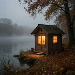 created by ismail inceoglu, this is a false dream. on the bank of the seine river in autumn, there is a warm wooden hut with lights. it is picturesque, gloomy atmosphere, fantasy, warm and lonely, atmospheric light, trending on artstation, inception, mist in the distance, faceless man in the mist