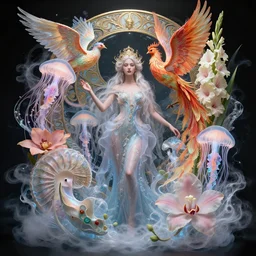a beautiful goddess surounded with jellyfish phoenix and bird and giant orchid, flower and giant gladiola. midsommar style, intricate, elegant, surrounded by smoke and water energy flow. translucent nautilus, highly detailed. octane render, by wlop, tooth wu, greg rutkowski, alena aenami, alphonse mucha