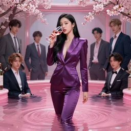 lee jin - eun in tempting luxurious space slim suit drinking wine emerging from pink water in cyberpunk theme by greg rutkowski, claude monet, conrad roset, takato yomamoto, james jean, rule of thirds, seductive look, beautiful, sakura flowers,, refined, masterpiece
