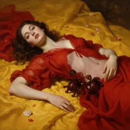 beautiful oil matte portrait painting, women in red dresses lying on a mustard yellow sheet covered by flower petals, wonderful masterpiece highly detailed, beautiful cinematic light deep focus, elegant, digital painting, smooth, sharp focus, golden ratio, dramatic illumination, ultra realistic, 8 k, art by caravaggio