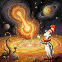 protozoic cosmic reversal big bang landscape in the style of dr. seuss, 2 0 0 1 a space odyssey, painting by albert bierstadt
