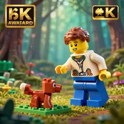 neoclassical image of a lego minifigure saving a small lego creature in a colorful forest, concept art, dynamic lighting, artstation, poster, volumetric lighting, 8 k, award winning