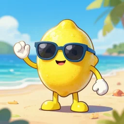 a lemon character wearing sunglasses on the beach, disco diffusion style