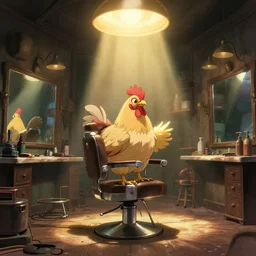 inside a barbershop for chickens with a chicken in the barber's chair, studio ghibli, sylvain sarrailh, cinematic light, majestic, concept art, volumetric lighting, magic atmospheric, fantasy, 8 k, wide angle, epic composition, award winning, artstation