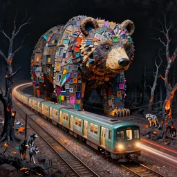 subway arriving train decay, building stone big bear shape, expressive painting, colorful, detached dreams, Ultra-Wide Angle, Long double Exposure, black night sky wolves with burned trees, photography, highly detailed, super realistic, cinematic colors