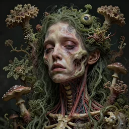 very sad and detailed rotten woman corpse with fractal plants and fractal flowers and mushrooms growing around, face muscles, veins, arteries, bones, anatomical, skull, eye, ears, intricate, ornate, surreal, ray caesar, john constable, guy denning, dan hillier