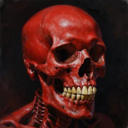 ultra realistic head and shoulders portrait painting of red skull, art by frank frazetta, 4 k, ultra realistic, highly detailed, epic lighting