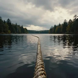 symmetrical photograph of an infinitely long rope submerged on the surface of the water, the rope is snaking from the foreground towards the center of the lake, a dark lake on a cloudy day, trees in the background, dreamy kodak color stock, anamorphic lens