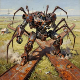 painting of 1 9 7 0 mech weaponized dangerous collisions, spider legs flying from weapons, vivid rusted old noodle roads extension route, dystopia, fine art, cinematic, highly detailed, by shigeru komatsuzaki