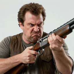angry hank hill with shotgun, extreme detail, studio light, photorealistic, live action, movie still, cinematic, bruised face, soft focus, well edited, 8 k, atmospheric, cigar,