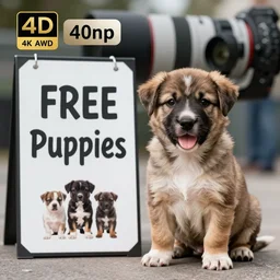 photo of a sign beside a box of puppies saying Free Puppies, highly detailed, high quality, HD, 4k, 8k, Canon 300mm, professional photographer, 40mp, lifelike, top-rated, award winning, realistic, sharp, no blur, edited, corrected, trending
