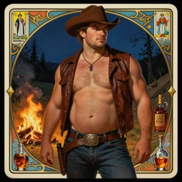 a dramatic, epic, ethereal painting of a handsome thicc shirtless cowboy with a beer belly and an open leather vest | background is a late night campfire with food and jugs of whisky | homoerotic | tarot!! card, art deco, art nouveau | by Mark Maggiori | trending on artstation