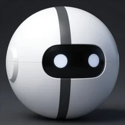 a spherical robotic machine with a wide black line going down the middle of it. in the black line, there are two white dots that act like eyes