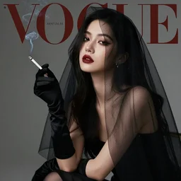 Beautiful girl in black veil and black gloves holding a lit cigarette in her hand. Expressed noir style, photo shoot, model posing, cigarette smoke, award winning, VOGUE, 85mm, masterpiece