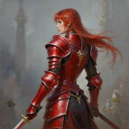 Female paladin, dnd, d&d, red armor, looking from behind, high fantasy, acrylic painting