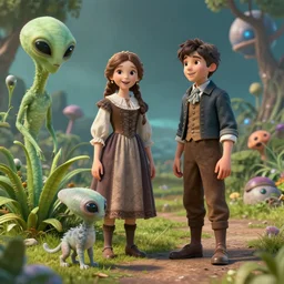 a girl and a boy standing next to some alien plants, looking happy, wearing 1850s era clothes, their small cute pet alien creature is playing nearby, in a park on a alien planet, extremely high details, ultra realistic facial details, photorealistic, hyperrealistic, octane render, 8k