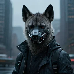 new york city portrait of sleek black tech furry anthro anthropomorphic spotted hyena head animal person fursona wearing clothes strange cybernetic muzzle gloomy rainy screenshot from the video game cyberpunk 2077 digital art by Greg Rutkowski, Simon Stalenhag, christopher nolan trending on Artstation, CGSociety