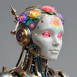 hyperdetailed portrait of a psychedelic steampunk robot head, covered in colorful glowing holy geometry lotus flowers, wearing multicolored tubes, eyes are rainbow laser, 8 k, symetrical, halluzinogenic, meditative, flourescent colors on black background, sticker art
