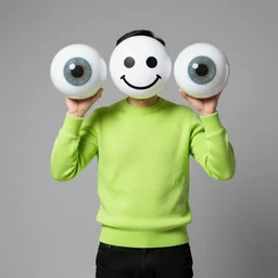 a man with a lime green sweater and black pants with a simplistic white circle full smile mask holding large eyeballs that look like marbles