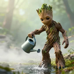photorealistic wide shot of groot watering his feet with a watering can, octane render, unreal engine 4k, volumetric light, fog, detailed