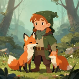 A kind looking hobbit boy, holding a fox, in the style of dungeons and dragons epic fantasy illustration