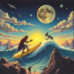 surfing with the alien by beeple, artgerm, salvador dali, bruce pennington, frank, stella, makoto shinkai, angus mckie, alex grey, don bluth, akira toriyama, chris moore, kaja foglio, andre masson, dr. suess, brian despain, chesley bonestell. symbolism, surrealism, artstation,