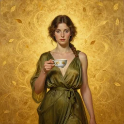 epic painting, full figure portrait of beautiful goddess wearing olive dress holding tea cup with golden glow background, drawing, photography by amy leibowitz, wlop, jeremy lipkin, beeple, intricate golden fractals, team leaves flying in the sky, symmetrical front portrait, artgerm