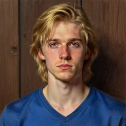 digital pastel portrait of a skinny white male, slightly longer blond hair and a light stubble beard, wearing a blue vneck shirt, blue eyes, rugged, teenage, dnd, fantasy, wizard, trending artstation, dungeons & dragons, neutral expression, wooden background, award winning dark lighting, realistic, close up