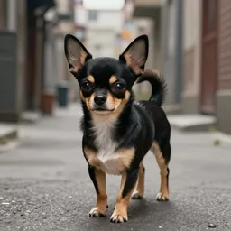 anime visual of a black and tan chihuahua walking down an alley ; by kehinde wiley ; official media, cinematic lighting, high quality, trending on artstation
