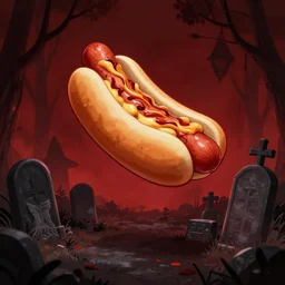 cursed hotdog float above a graveyard, dark, horror, red color scheme, artstation