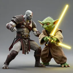 kratos fighting yoda with a yellow lightsaber
