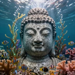 a stunning ultra detailed underwater fantasy closeup photo of a buddha head granite statue, surrounded by bioluminescent sea plant vines, colorful corals and angelfish, crepuscular rays, by tomasz alen kopera and tom bagshaw, water bubbles, very detailed, deep depth of field, 8 5 mm lens, soft lighting, artstation, highly coherent, 8 k