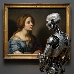 painting by caravaggio. a cyborg in an art gallery looking at a painting of a beautiful woman staring back at the cyborg. intricate details