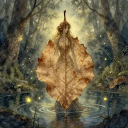 leaf - covered dryad fae rising from a forest pond, fireflies flying. watercolor fairytale art, russian romanticism, muted palette, intricate details, backlighting