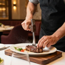 a construction worker cutting a steak with a jackhammer in a fancy italian restaurant