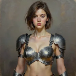 Armored bra girl oil painting, beautiful girl, short hair, detailed