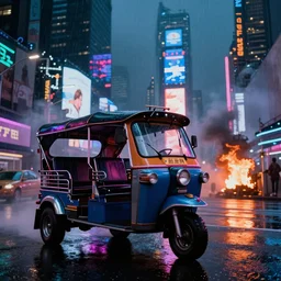 a tuk tuk in times square at night, blade runner 1 9 8 2 city, futuristic dystopian city, falling rain, neon, industrial fires and smog