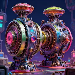 invasion of the tripmachines 2 0 3 5, realistic digital art, 3 d render of two huge futuristic steampunk generators inside a huge steampunk engine, 8 k, fluorescent colors, halluzinogenic, multicolored, exaggerated detailed, unreal engine