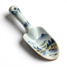 porcelain shovel, photorealistic, isolated on a pure white background, centered, entire object in frame, sharp focus, soft studio lighting