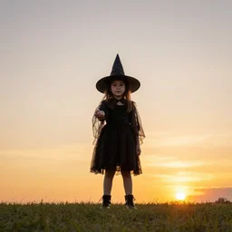 a vibrant photograph of a little witch, wide shot, outdoors, sunset photo at golden hour, wide - angle lens, soft focus, shot on a 2 0 0 3 camera, on flickr in 2 0 0 3