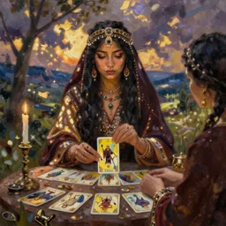 fantasy gypsy tarot reading, oil painting