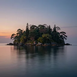 a beautiful landscape painting of an island in a tranquil sea, reflections, dusk, long exposure, hyper detailed, digital art, trending in artstation, cinematic lighting, studio quality, smooth render, unreal engine 5 rendered, octane rendered, art style by kurzgesagt and nixeu and ian sprigger and wlop and krenz cushart and kim jung gi and greg rutkowski
