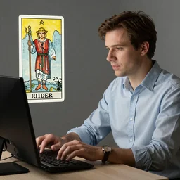 Yann LeCun at his comuter illustrated on the Rider–Waite tarot.