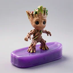 little Groot is riding a surfboard shapes like a bar of purple soap, cinematic angle, poster style