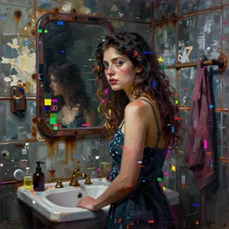 a beautiful glitched painting by robert proch of a woman in a glitched bathroom, metal rust and plaster materials, pixel sorting, color bleeding, brushstrokes by jeremy mann, still life, dark colors